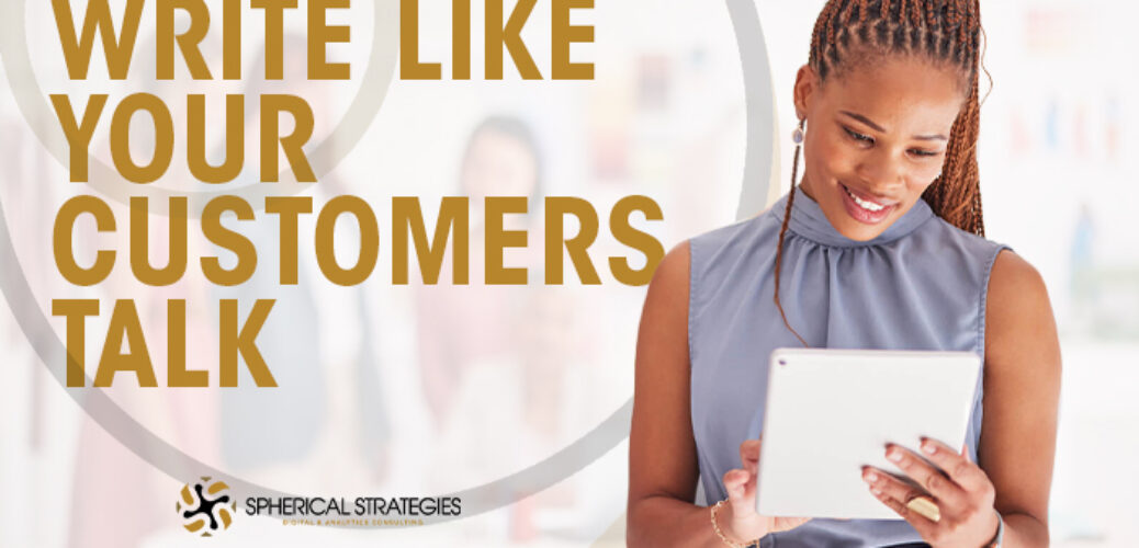 Title: Write Like Your Customers Talk, Business Woman on Tablet